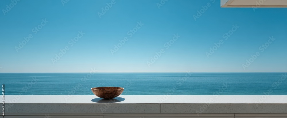 Obraz premium Tranquil sea horizon with wooden bowl on terrace for minimalist design