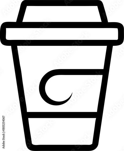 Outline Drawing Icon of Coffee Cup Simple Black Shape Take Away Drink in Paper Container with Crescent Moon Shape on Transparent Background