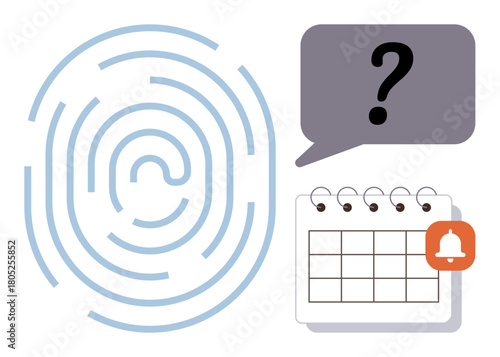 Fingerprint maze represents identity, speech bubble suggests inquiry, calendar conveys scheduling and reminders. Ideal for security, planning, problem-solving, data management, organization
