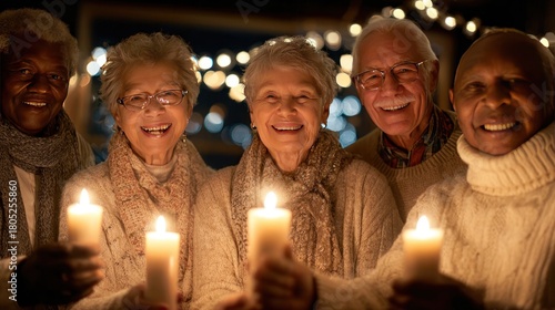 Group of older adults smiling and posing with lit candles, enjoying holiday moment together