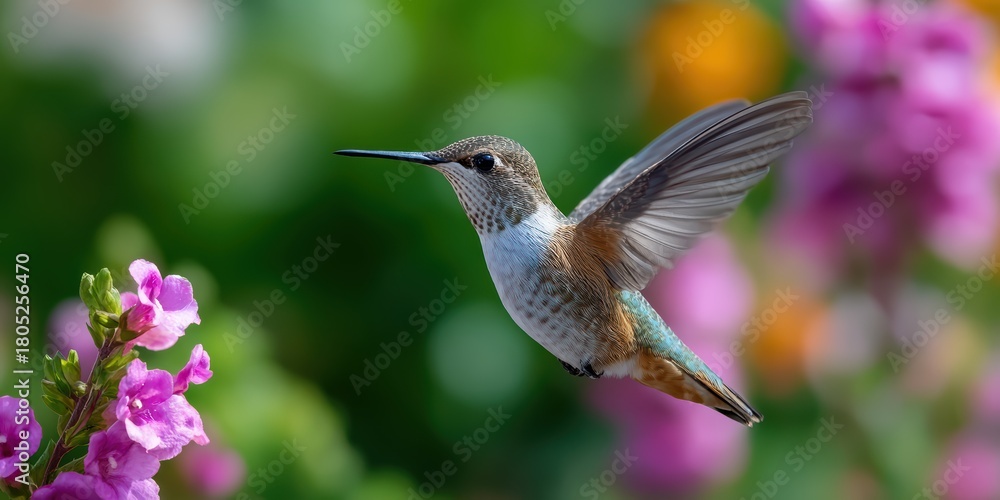Fototapeta premium nature photography, motion-captured wings of a delicate hummingbird mid-flight near blooming wildflowers in california, with a dreamy garden background