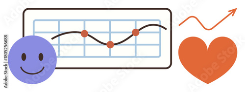 happy face, chart with line graph and red points, heart, upward arrow. Ideal for wellness, growth, satisfaction, analytics performance positivity health. Simple flat metaphor