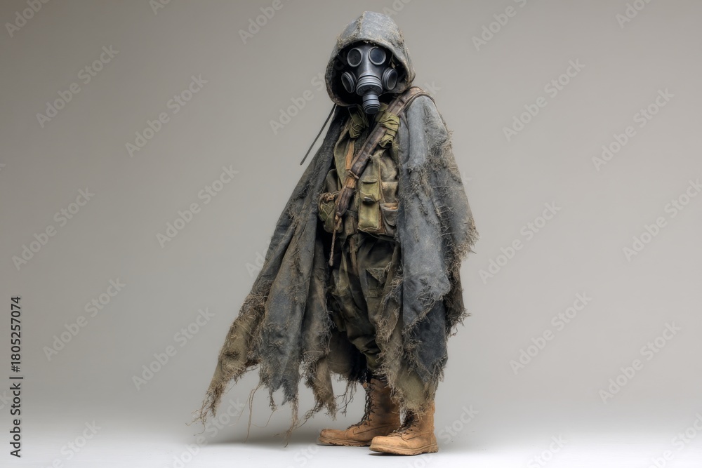 Fototapeta premium Person in tattered poncho and gas mask standing on gray backdrop in boots, ready for hazardous environment