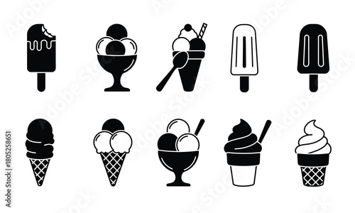 Ice cream and popsicle icons set in black and white dessert frozen sweet treat cone cup scoop summer food cold vector illustration