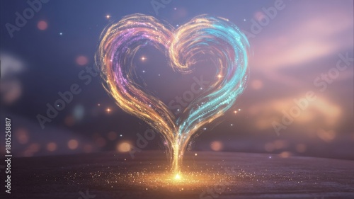 Glowing heart shape made of light trails in vibrant colors — magical love and fantasy illustration.