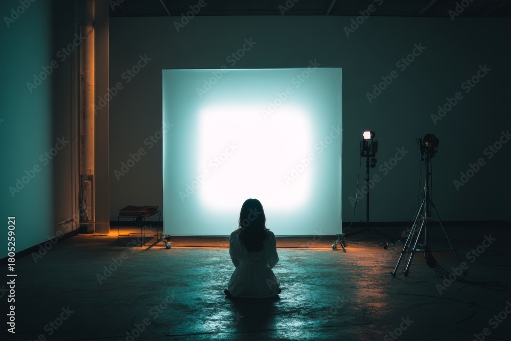 Obraz premium Woman sits before large glowing screen in dark studio setting with lighting equipment and minimal furnishings