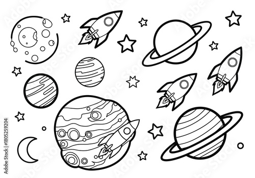 Outer space coloring page with planets, rockets, and stars