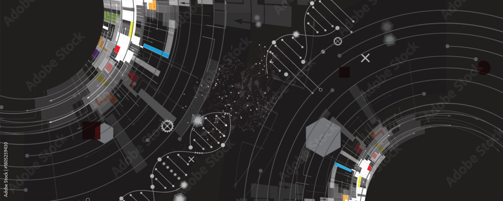 Obraz premium Technology hexagons backgrpund, DNA strands, connected neural web