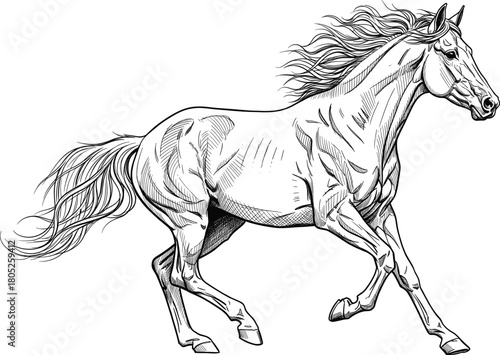 Black and white horse illustration, dynamic motion, detailed anatomy, flowing mane, realistic sketch, equine art, vector drawing, stylized posture