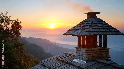 Wallpaper Mural Smoke rising from wooden chimney under sunrise, rustic warmth + painterly realism, blurred horizon with space for text. Torontodigital.ca