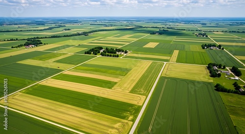 Expansive aerial view of lush green agricultural fields under a bright blue sky