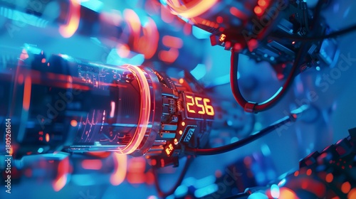 A vibrant sci-fi device illuminated in blue and red neon lights, featuring a digital numeric display and intricate cables. The scene captures advanced technology, cyber systems
