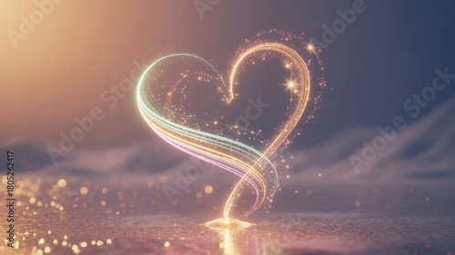 Glowing heart shape formed by swirling colorful light trails on warm blurred background — magical and romantic visual.