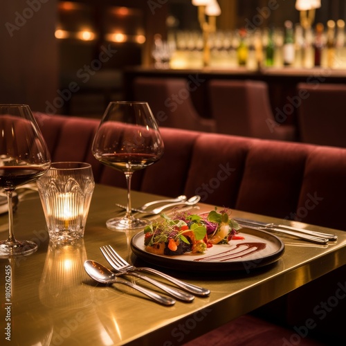Elegant fine dining table setup with gourmet dish, wine glasses, and ambient lighting — upscale restaurant atmosphere.