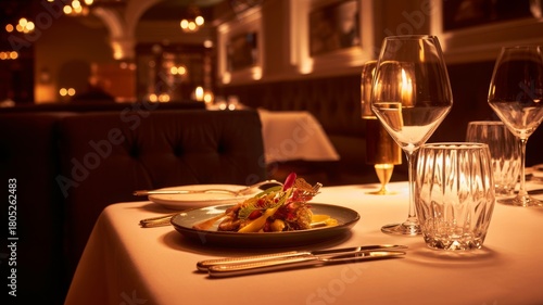 Romantic dinner table with wine, gourmet plate, and upholstered chairs — inviting hospitality scene.