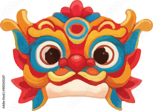 Vibrant Chinese New Year lion dance mask illustration with bold colors brings festive joy and cultural celebration, perfect for Lunar New Year designs