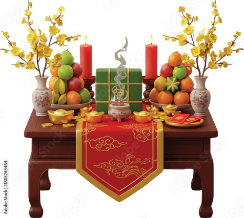 Vibrant Tet celebration scene with colorful fruits, candles, gold ingots, and lucky money envelopes arranged beautifully on a traditional altar table