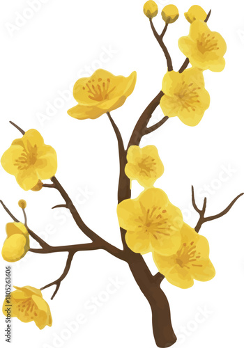 Delicate yellow blossoms on a branch create a vibrant and cheerful spring vibe, perfect for designs needing a touch of natural elegance and beauty