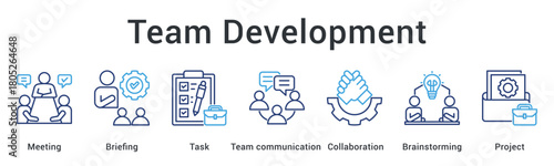 Team development through meeting and briefing with task assignment enhancing communication collaboration and brainstorming projects.