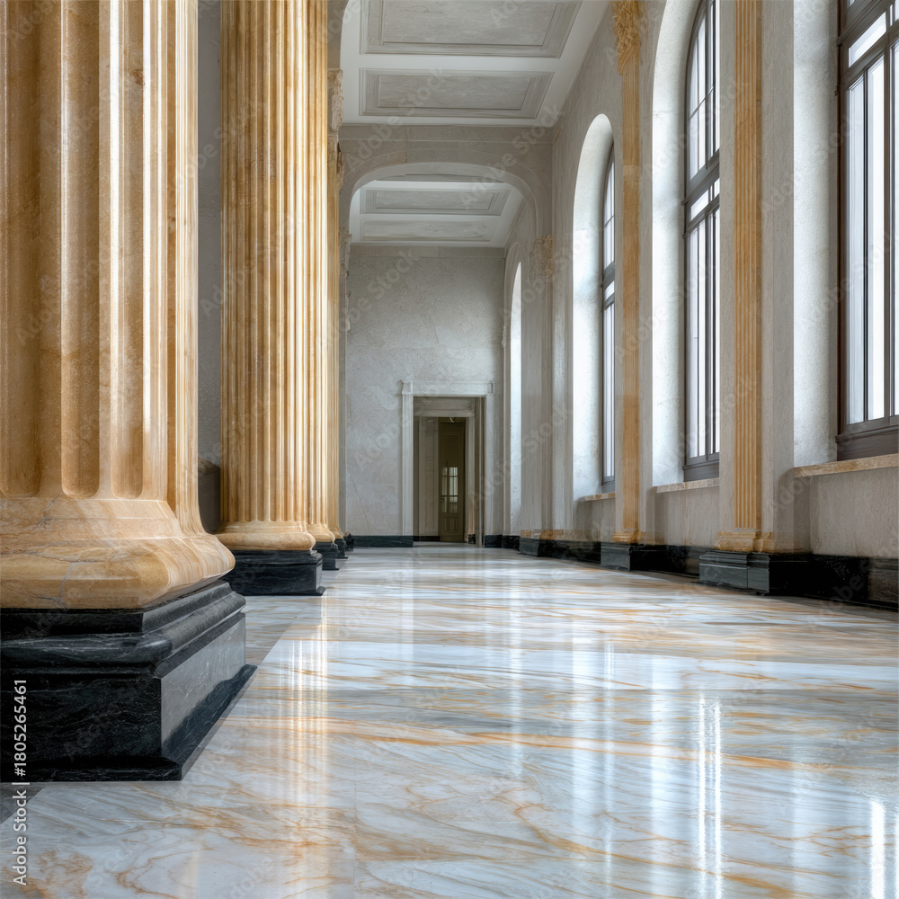 Fototapeta premium Marble floor grand column arched window public building elegant hallway natural light classic architecture interior