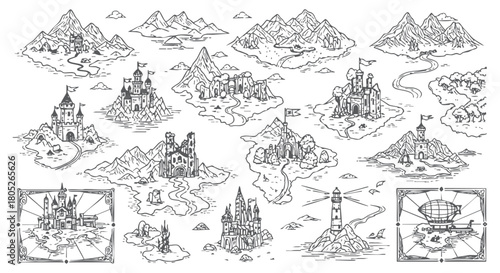 Hand drawn fantasy kingdom map elements with castles mountains and adventure paths