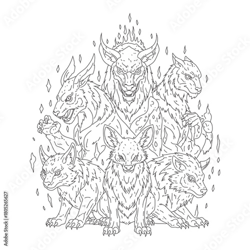 Epic fantasy beast clan line art illustration with mythical monster creatures