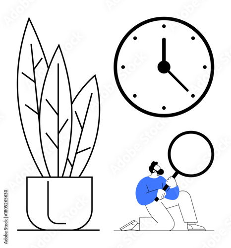 Large leaves in a potted plant, a clock, and a kneeling person examining with a magnifying glass. Ideal for discovery, time management, focus, exploration, growth nature curiosity. Simple flat