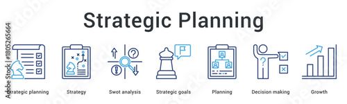 Strategic planning banner web icon defines strategy through swot analysis setting goals with planning and growth focus.