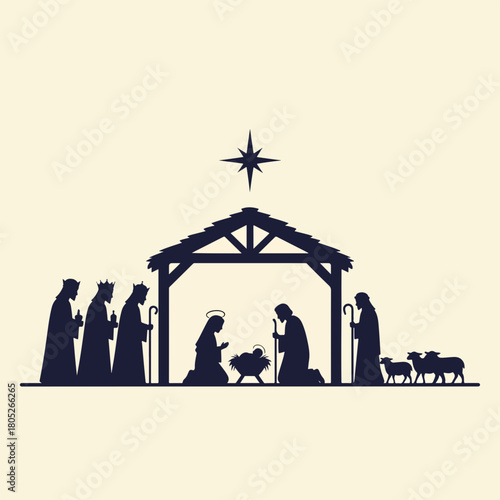 Nativity scene silhouette depicting holy birth of Christ, Virgin Mary, and three wise men. Nativity scene silhouette beautifully captures Christian tradition and peaceful Christmas spirit.