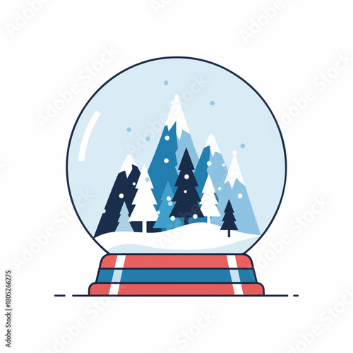 Decorative snow globe illustration with snowy mountains and fir trees inside. Snow globe illustration conjures memories of winter landscapes with seasonal elements.