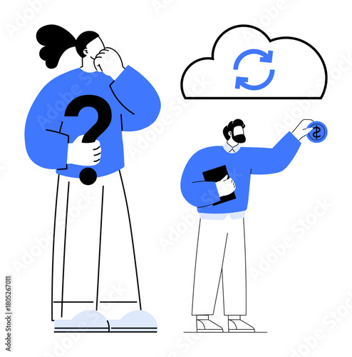 Two individuals with contrasting actions one pondering a question, another managing finances under cloud syncing. Ideal for problem-solving, decision-making, financial management, cloud storage