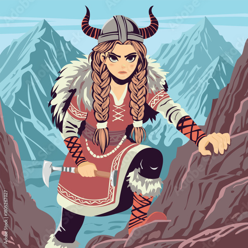 Vector illustration of a Viking shieldmaiden climbing a rocky mountain, dressed in traditional Nordic fur clothing and horned helmet.