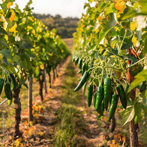 Rustic vineyard with ripe jalapeños hanging beside grapevines, warm autumn sunlight creating a glowing spicy–fruity harvest scene