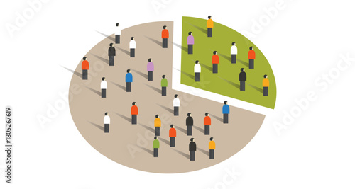 Diverse Crowd Standing on a Large Statistical Pie Chart Concept