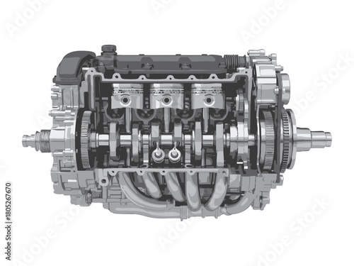 Detailed technical illustration of a mechanical engine with internal components