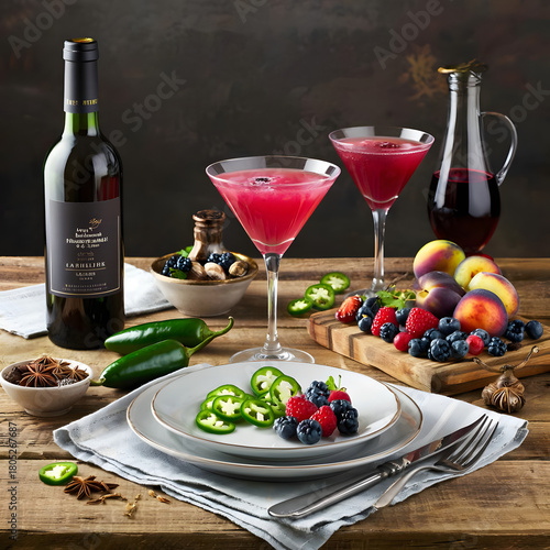 Rustic tabletop with jalapeño-infused red wine bottle, sliced jalapeños, pink wine cocktail, and summer fruits. Spicy gourmet drink scene.
