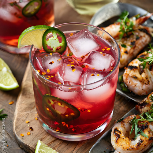 Close-up spicy jalapeño white wine cocktail with ice and chili flakes, styled with grilled seafood and herbs. Trendy experimental summer drink.