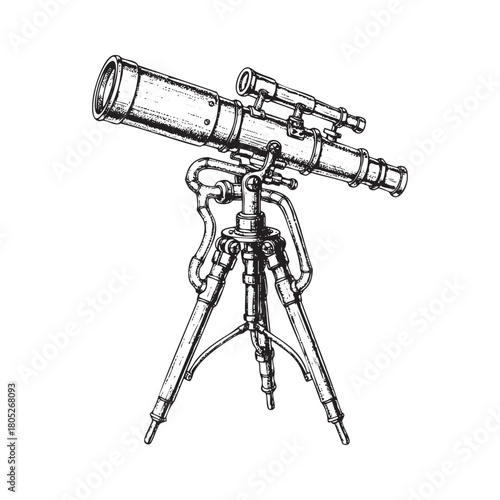 Vintage astronomical telescope illustration with detailed tripod sketch