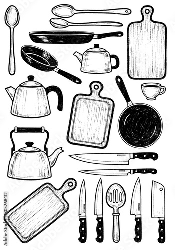 Vintage Kitchen Utensils Collection in Woodcut Style. Hand Drawn Sketch of Cooking Tools, Knives, Frying Pans, Cutting Boards, and Kettles.