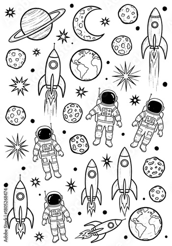 Hand Drawn Outer Space Doodle Pattern: Seamless Black and White Vector Background with Astronauts, Rockets, Planets, and Cosmic Elements for Coloring or Decoration