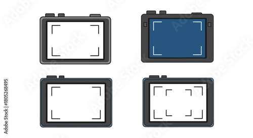 Four digital camera displays showing different screen states and focusing grids