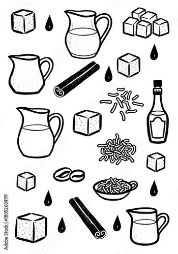Hand-Drawn Coffee Condiments and Flavorings Seamless Pattern in Gritty Sketch Style