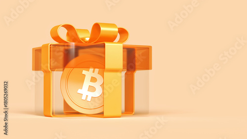 Bitcoin BTC cryptocurrency in a transparent gift box with a bow. High quality 3D rendering suitable for crypto asset reward or gift concepts.
