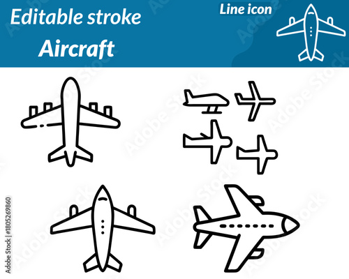 A sleek aircraft set line icon. Character featuring a modern airplane silhouette with streamlined wings tail fins and a pointed nose.Flight travel and aviation technology. The design uses clean lines.
