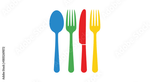 Colorful flatware a blue spoon a green fork a red knife and a yellow fork