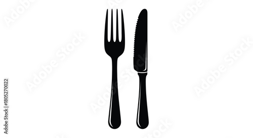 Simple black and white illustration of a fork and knife on a white background