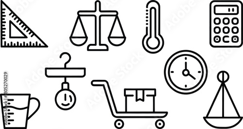 Measurement and Tools Line Icons – Ruler, Scale, Thermometer, Calculator, Measuring Cup, Clock, Trolley, Platform Scale – Minimal Outline Vector Set