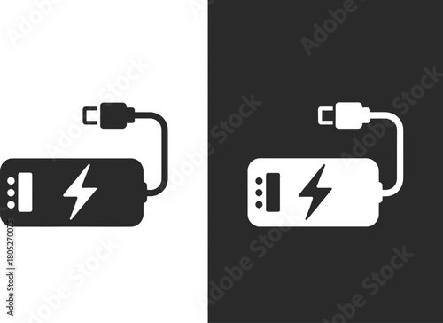USB-C Power Bank Icon – Minimalist Portable Charger Symbol with Lightning Bolt and Cable in Black and White – Flat Vector Design