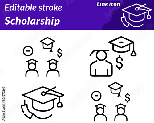 A modern scholarship icon character featuring a graduation cap placed above an open book. With a ribbon badge or certificate symbol representing academic achievement and financial support.