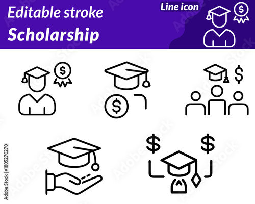 A modern scholarship icon character featuring a graduation cap placed above an open book. With a ribbon badge or certificate symbol representing academic achievement and financial support.